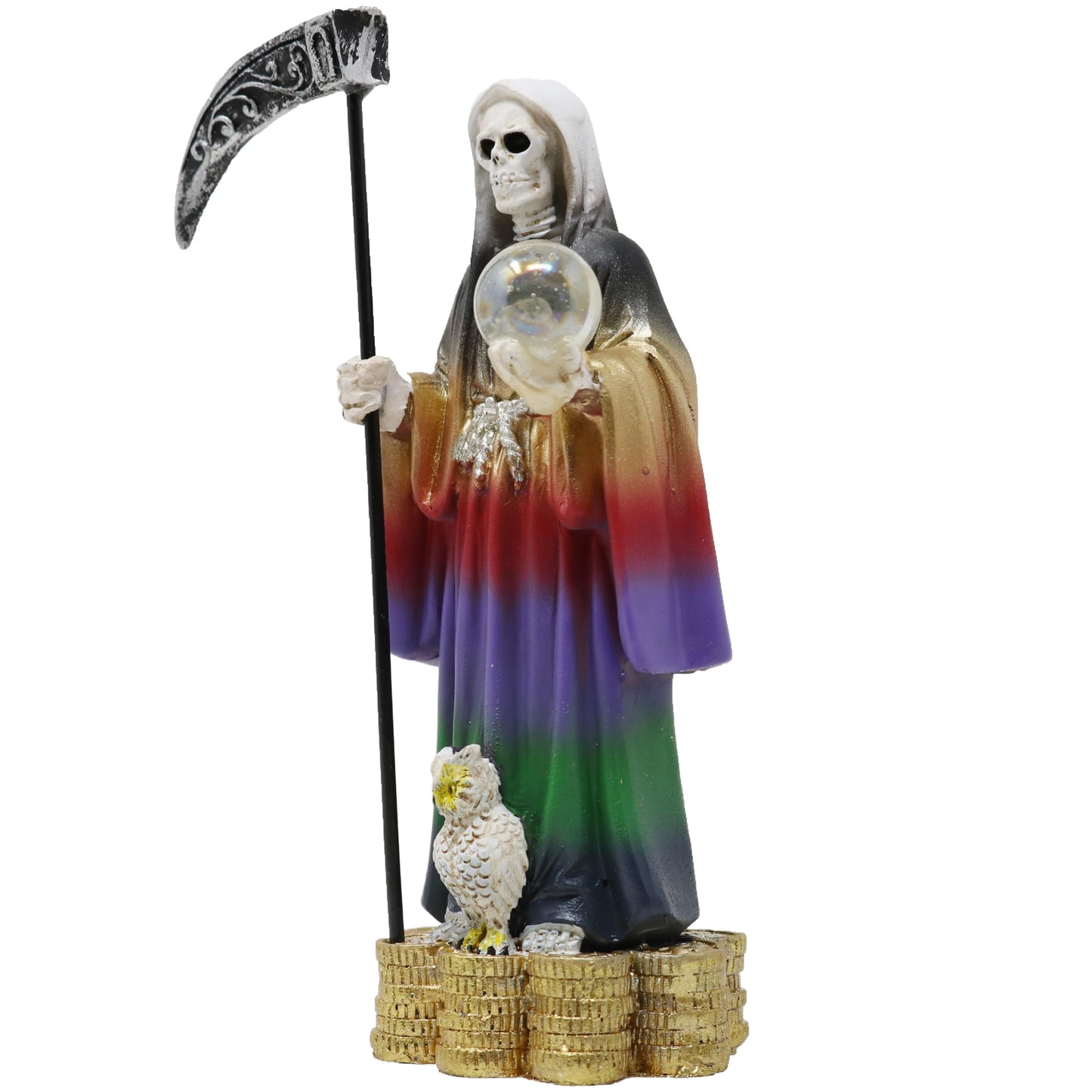 Cannan Coin Base 5" Holy Death Grim Reaper Skull Skeleton Seven Colors Tunic Holding Scythe Globe with Owl Statue Santa Muerte 7 Potencias