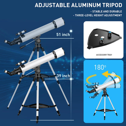 Telescope 80mm Aperture 800mm -Magnification 24-240X, Astronomical Portable Refracting Telescope Fully Multi-Coated High Transmission Coatings AZ Mount with Tripod &Wireless Control & Carrying Bag
