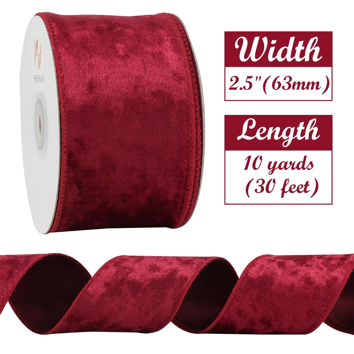 HUIHUANG Red Velvet Ribbon Wired 2-1/2 inch, Christmas Velvet Ribbon for X-mas Tree, Large Bows, Wreaths, Gift Wrapping, Garland, Home Decor, Crafts-Continuous 10 Yards/Roll