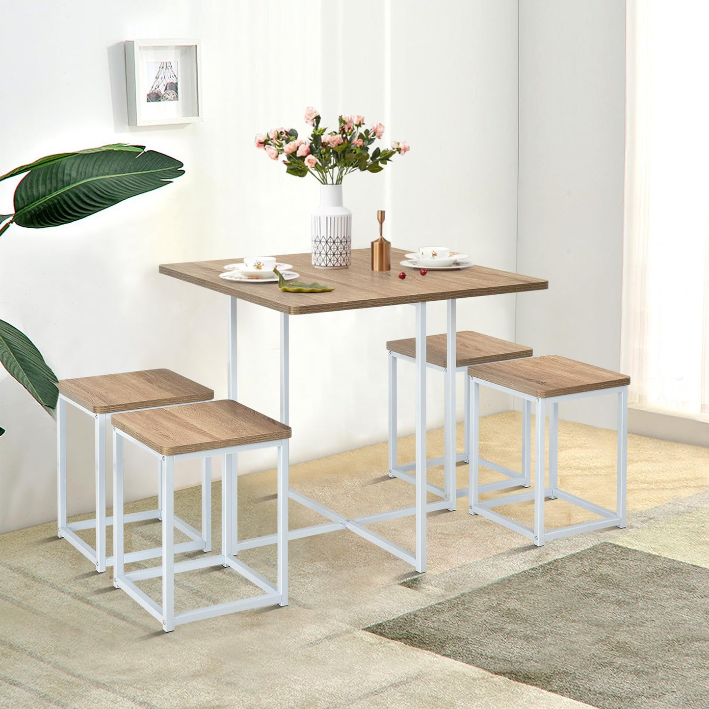 Giantex 5 Piece Dining Table Set, Dining Set for 4 with Square Stools, Small Kitchen Table Set with Metal Frame, Compact Design for Small Space, Home Kitchen Bar Pub Apartment