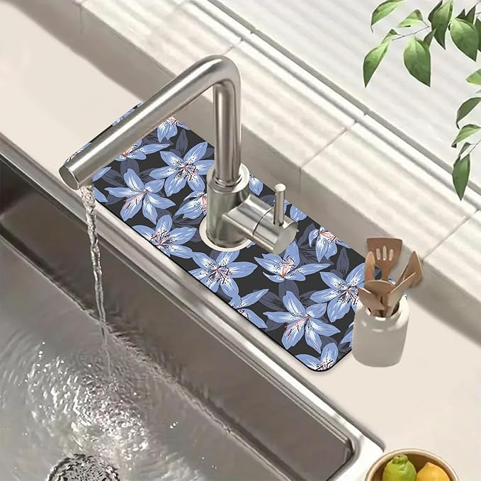 Blooming Lily Sink Faucet Absorbing Mat Blue Lily Flowers Super Absorbent Fast