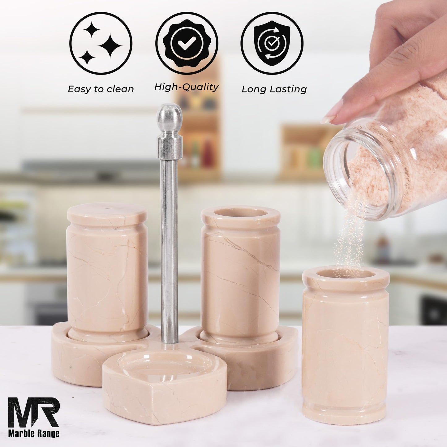 Marble Salt and Pepper Shakers Set of 3 – Handmade Verona Stone Spice Shakers 0.8 oz with Tray, Elegant Tabletop Seasoning Set for Kitchen Countertop & Dining Table, Saleros Decorativos