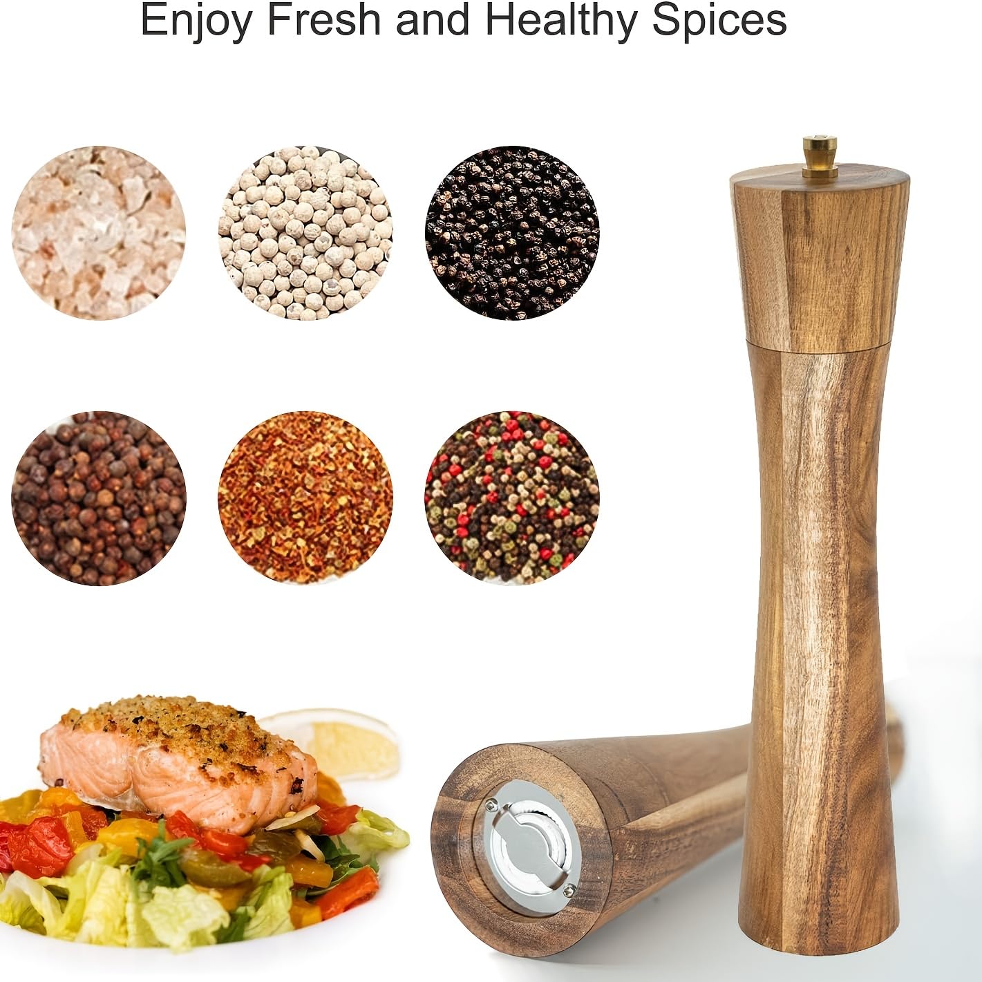 MNADSFKJ 2 Pack Acacia Wooden Salt and Pepper Grinder Set Refillable Salt and Pepper Mills Adjustable Coarseness, Acacia Wood with Ceramic Core Peppercorn Shaker Tableware Birthday Gifts