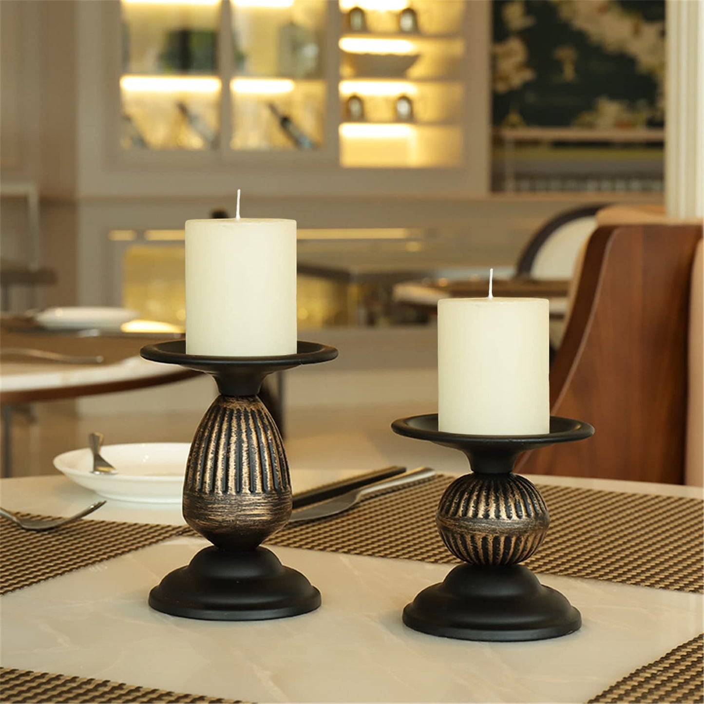 Sziqiqi Vintage Pillar Candle Holders Distressed Metal Candleholder Black Candlestick Holders Centerpiece Shabby Chic Ornaments for Coffee Dining Table Mantle Fireplace - Set of 2