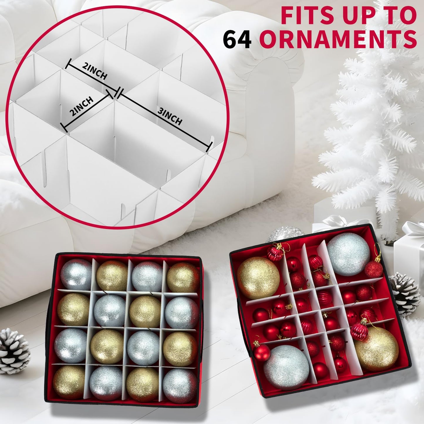 DIMESHY Christmas Ornament Storage Box With Adjustable Dividers,Ornament Storage Container With 4 Removable Trays for 64 Holiday Decorations,Red