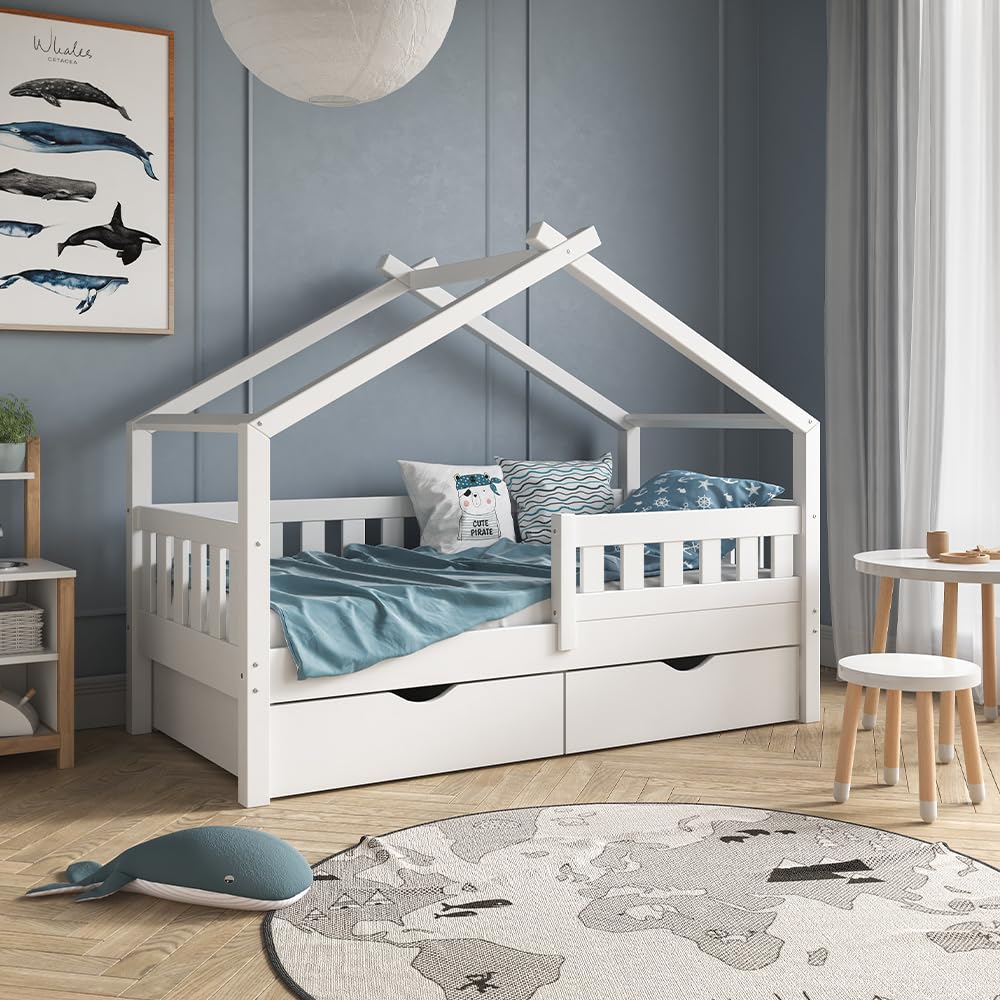 VitaliSpa House bed Design, White, 80x160 cm with 2 drawers