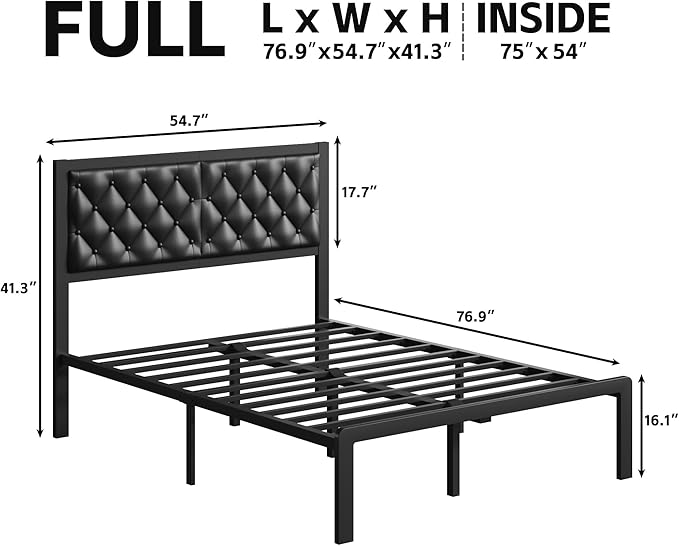 Fluest Full Bed Frame with Headboard PU Leather Upholstered Bed Frame Platform