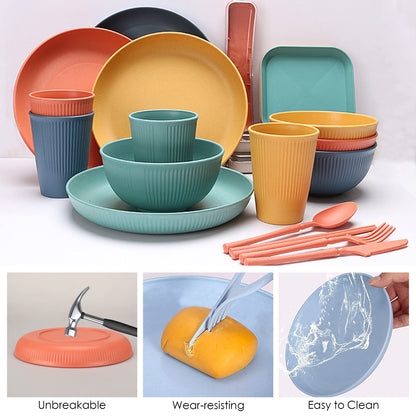 48pcs Unbreakable Dinnerware Sets for 4 People, Camping/Picnic Dinner Sets, Lightweight Colorful BBQ Plastic Serving Plates, Bowls, Cups,Cutlery Set, Forks,Tableware
