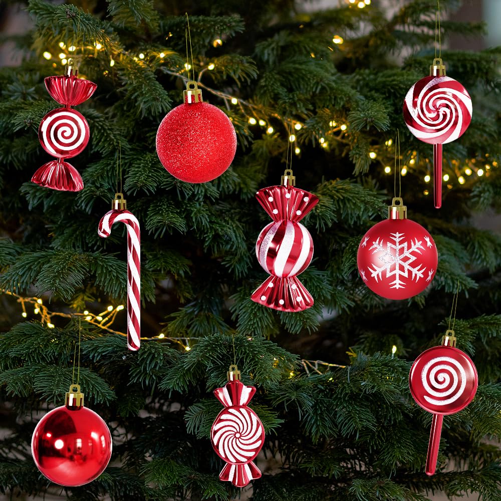 36 Pcs Christmas Ornaments, MOYEE Shatterproof Plastic Christmas Ornaments for Tree - Candy Cane Christmas Decorations Candies Christmas Ball Ornaments (Red)