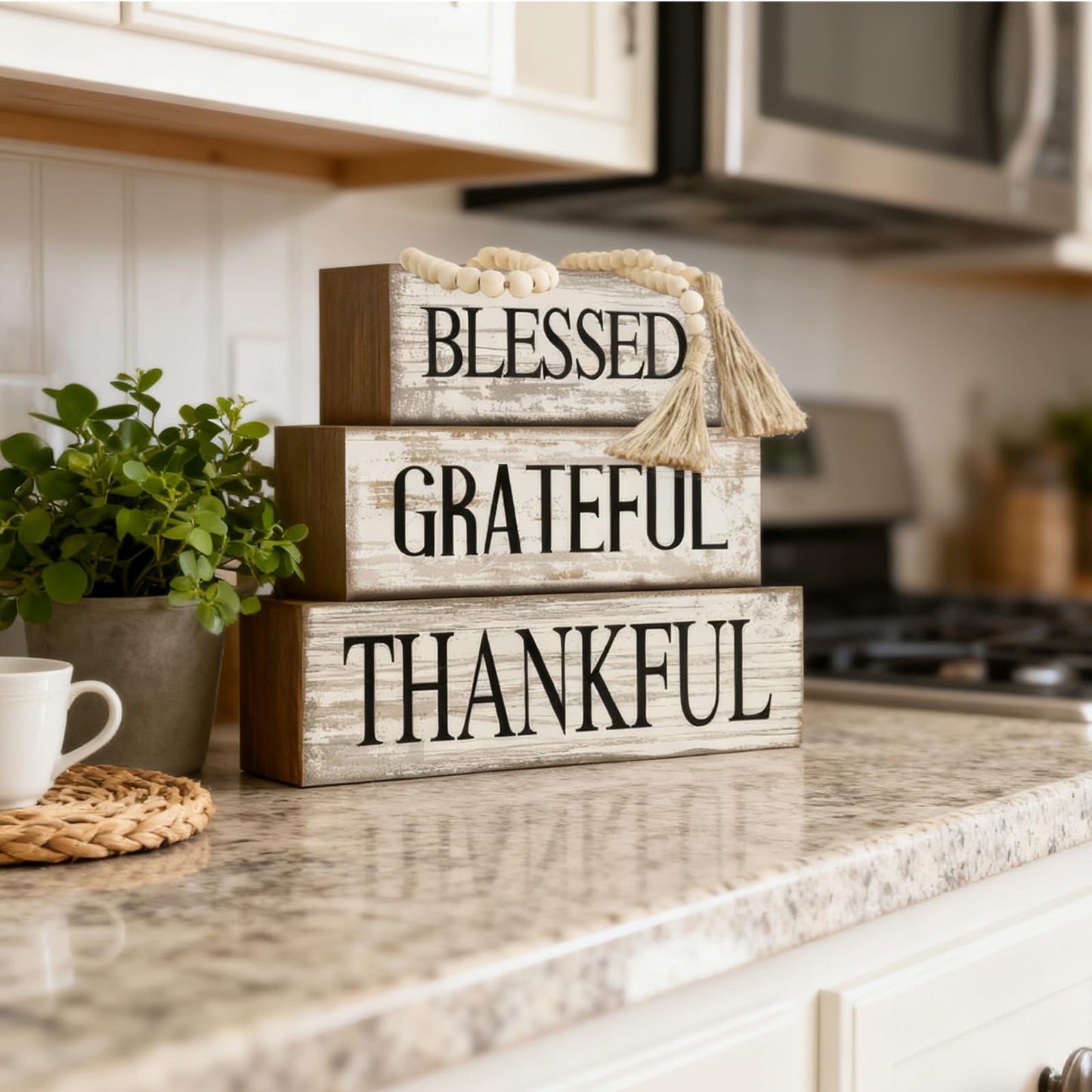 4 Pcs Farmhouse Wooden Tabletop Decor Neutral Farmhouse Tiered Tray Decor Rustic Retro Wood Bead Garland Blessed Grateful Thankful Block Sign Centerpiece for Coffee Home Office Shelf Mantle Table