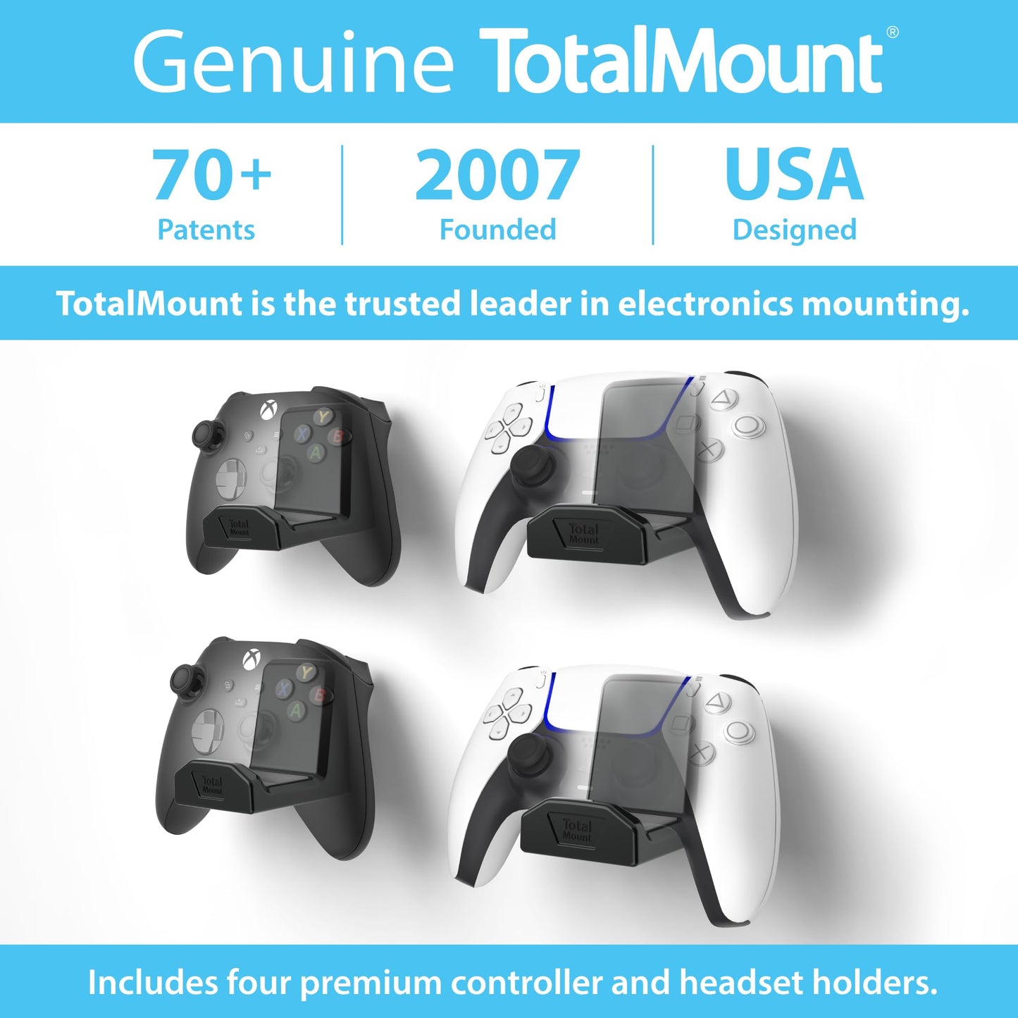 TotalMount Controller Wall Stands (4 Pack) with Non-Slip Pads & Removable Adhesive for Xbox, PS5, PS4, and Nintendo – These Premium Holders Won’t Damage Your Wall with Screws or Permanent Adhesive