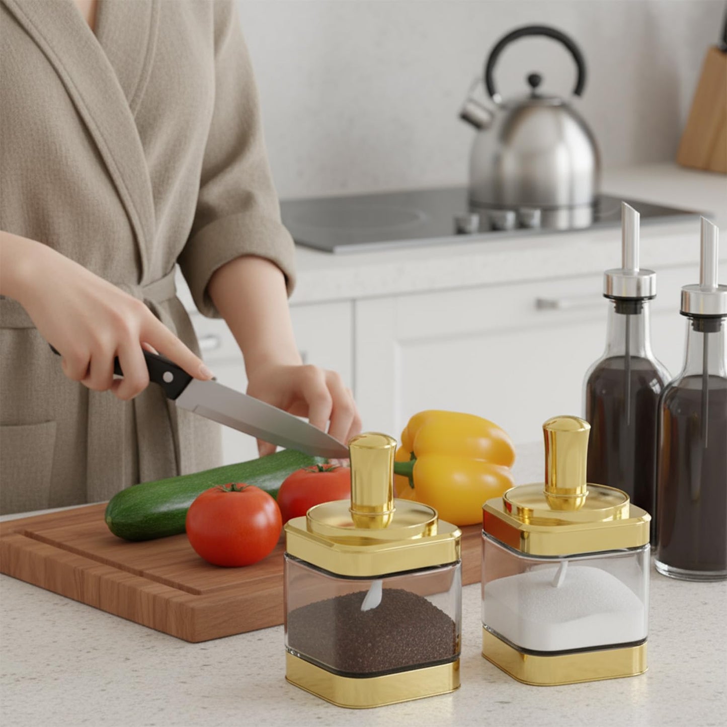 Hpmjz 2 PCS Glass Condiment Containers Gold Spice Jars with Lids and Spoons Seasoning Pot Set Salt Box Sugar Dispenser for Kitchen Dining Room Counter Flour Sugar