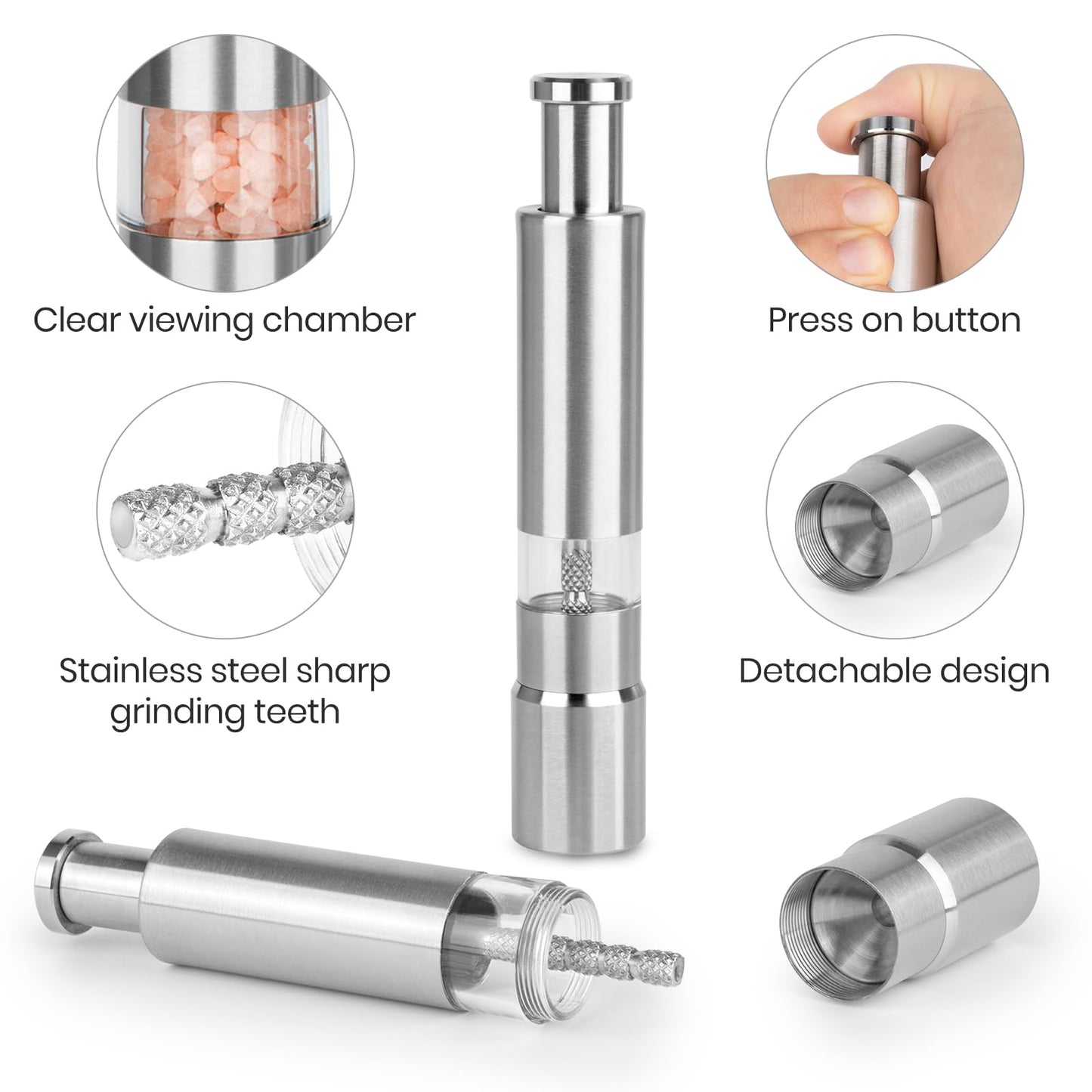 Salt and Pepper Grinder Set,Small Stainless Steel Manual Salt Grinder,Thumb Refillable Mini Salt Grinders Shakers With Base For Kitchen, Home, Travel, Camping, Cooking(Silvery)