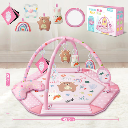 Baby Gym Play Mat, 8-in-1 Tummy Time Mat & Ball Pit with 6 Toys, Washable Baby Activity Mat for Visual, Hearing, Sensory, Motor Development, Baby Gift Newborn Infant 0-3-6-9-12 Months (Pink)