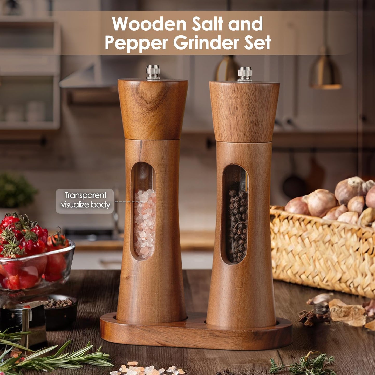 Foyucool 2 Pack Wooden Salt and Pepper Grinder Set, 8 inch Manual Salt and Pepper Mill with Brush and Spoon, Adjustable Coarseness, Refillable Pepper Grinder for Kitchen, Transparent