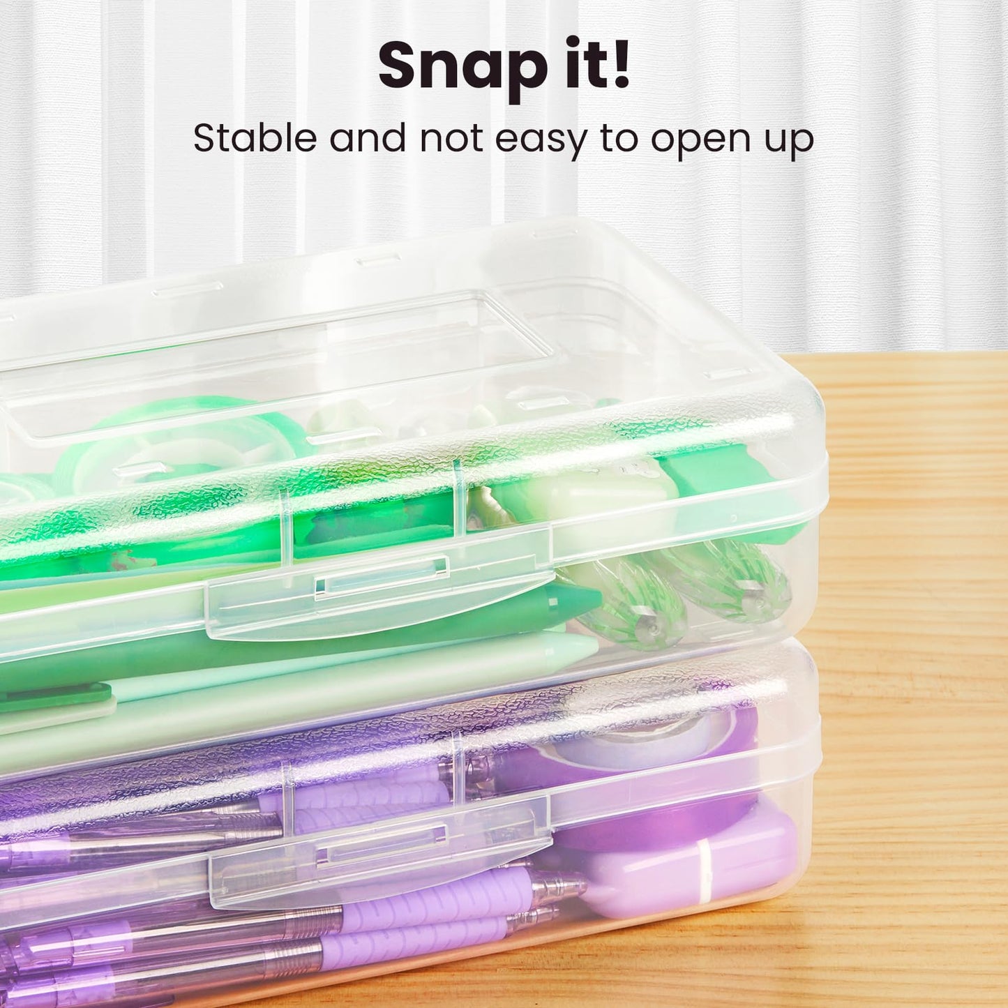 Sooez Plastic Pencil Case Box 6 Pack, Large Crayon Maker Pen Organizer, Plastic Containers with Snap Lids, Stackable Craft Storage Boxes Bulk, School Supplies Art Box for Bead, Clear