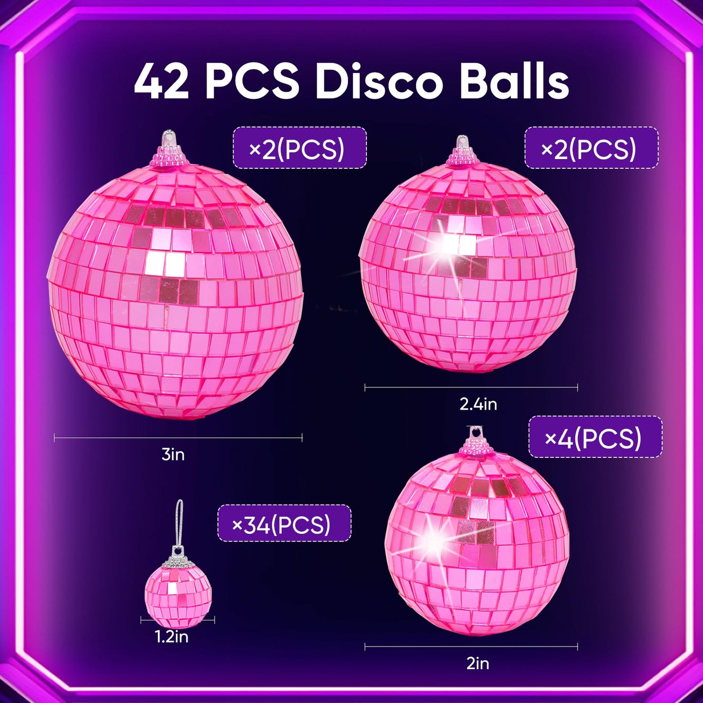 Mini Pink Disco Ball Ornaments: 42 Pack Small Disco Balls Decorations Different Sizes - Pink Disco Party Decorations Bulk for Christmas Tree Cake Room Birthday (1.2 Inch, 2 Inch, 2.4 Inch, 3 Inch)