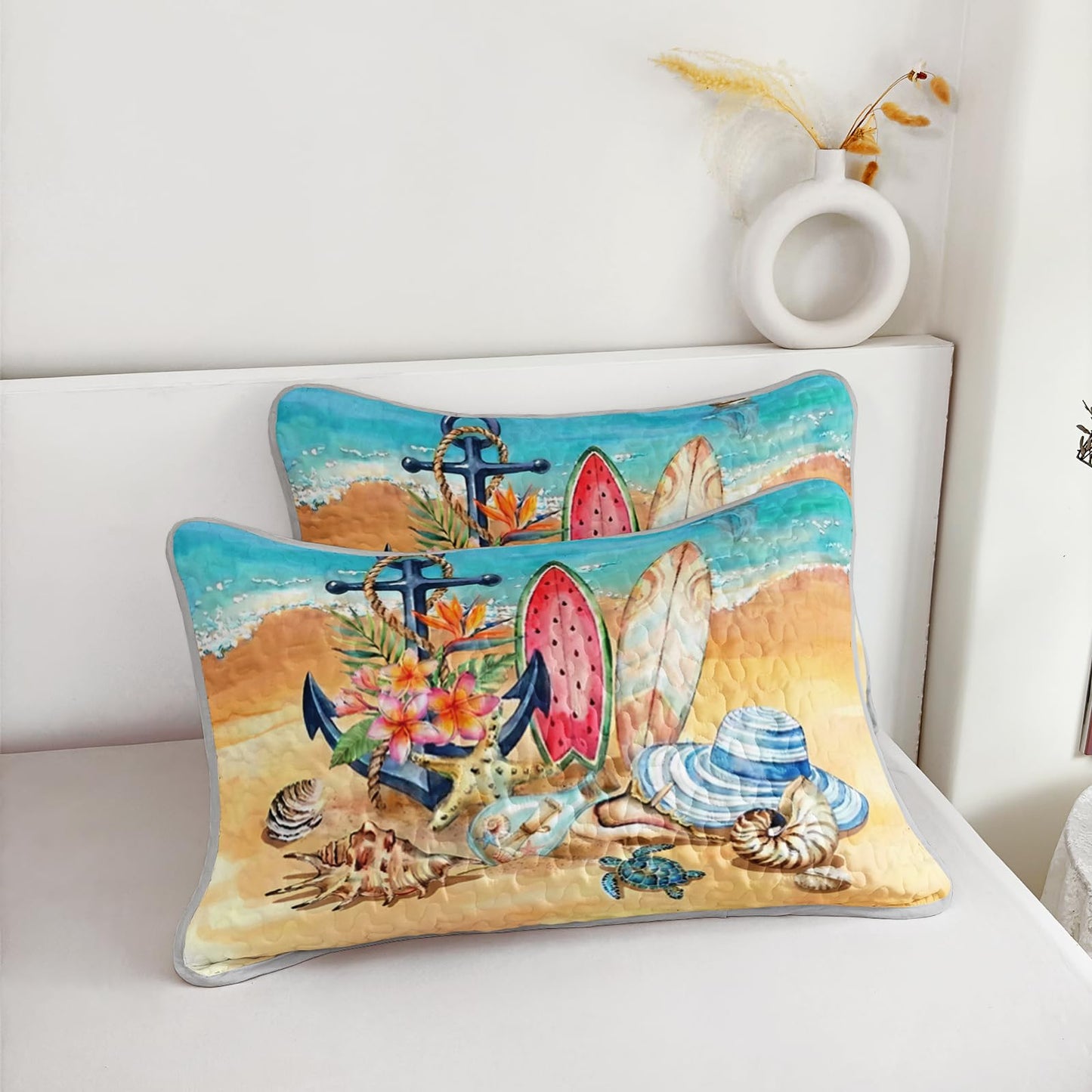 AILONEN Ocean Beach Bedding Quilt Set Queen Size,Tropical Boat Anchor Surfboard Theme Bedspread Coverlet,Blue Soft Lightweight (Quilt,2 Pillowcases)