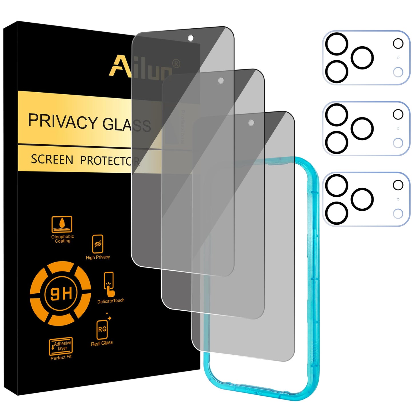 Ailun 2Pack Privacy Screen Protector Compatible for iPhone 14 Pro Max [6.7 inch] + 2 Pack Camera Lens Protector, Anti Spy Private Tempered Glass Film, Case Friendly, [9H Hardness] - HD
