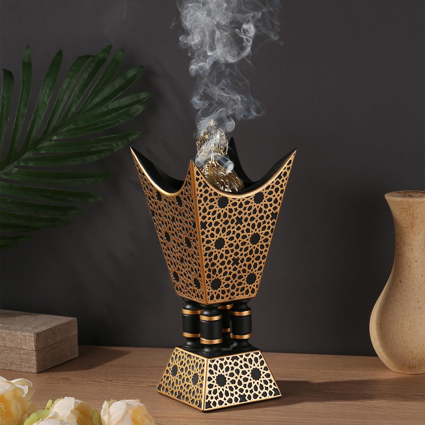 TERSCHELLING Bakhoor Incense Burner, Oud Frankincense Resin Burner 8.85Inches Tall,Charcoal Incense Burner - for Yoga, Spa Aromatherapy, Office & Home Decor (Trophy Shape) (Black)