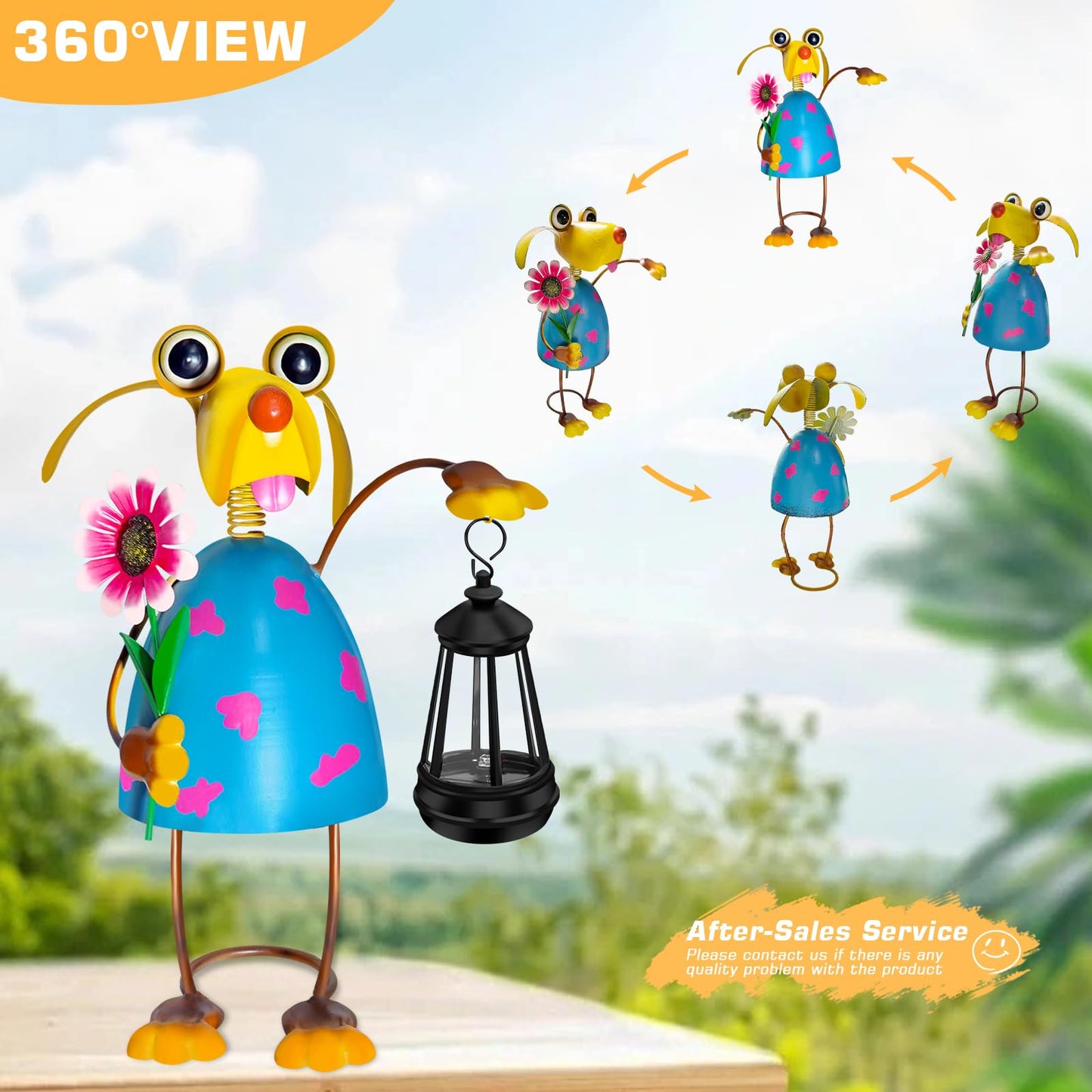 Solar Garden Lights Dog Statue with Solar Lantern Lights,13.38in Tall Dog Decor Outdoor Figurine Lights,Birthday Gifts for Women Mom Grandma,Big Metal Decorative Stakes for Patio,Porch,Yard Art,Lawn