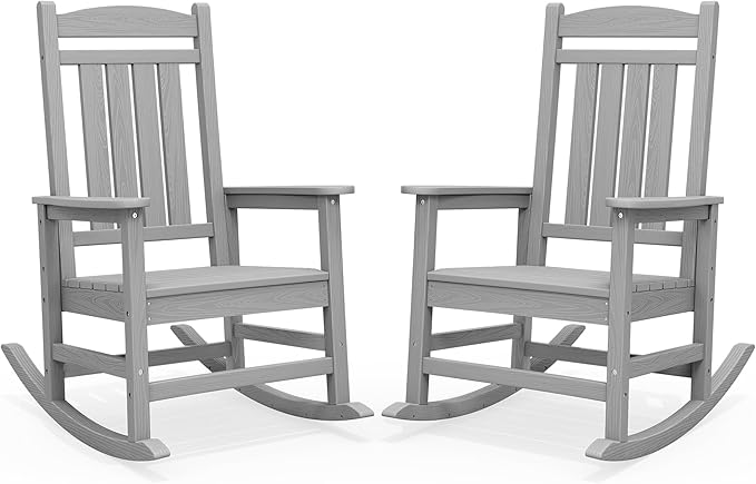 SERWALL HDPE Outdoor Rocking Chair Set of 2, Oversized Patio Rocking Chairs, All-Weather Porch Rockers for Adults, Light Gray