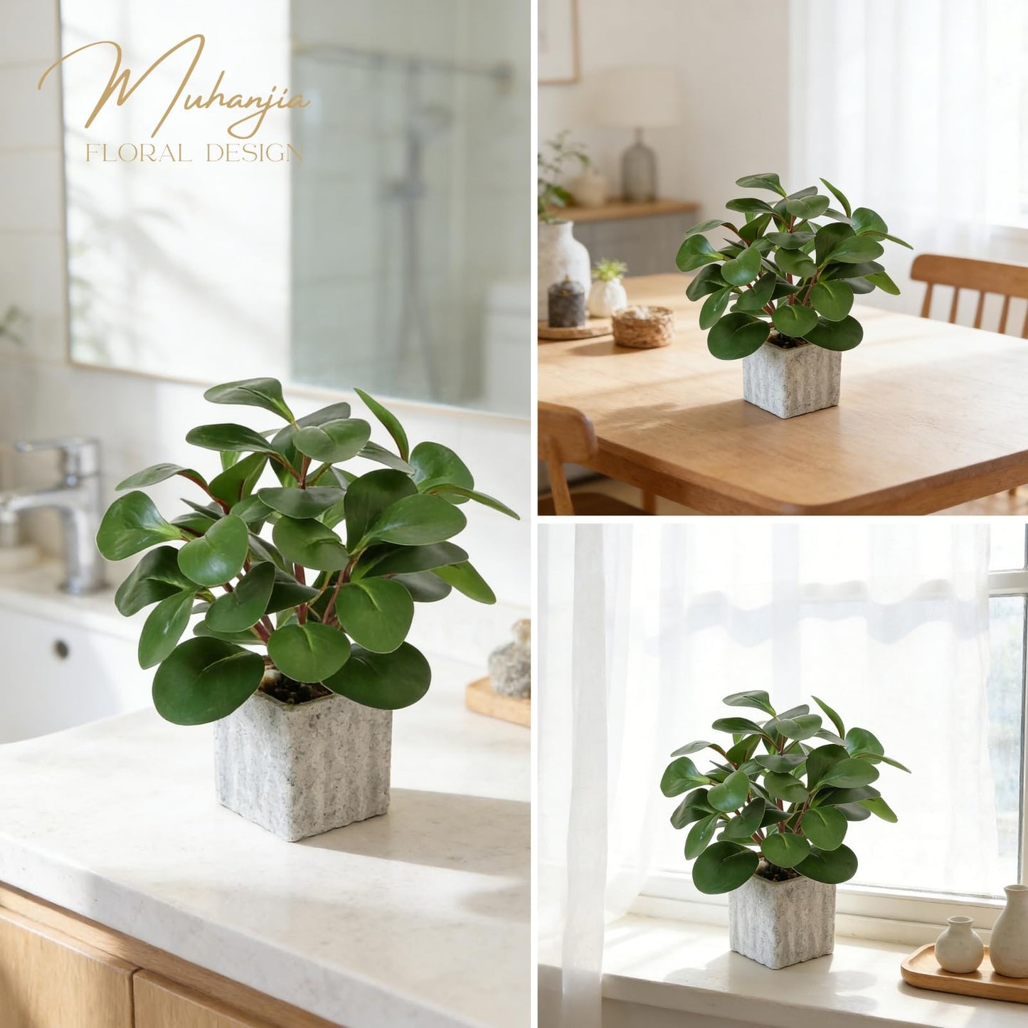 Muhanjia Artificial Potted Plant, Lifelike Faux Greenery in Decorative Cement-Look Square Pot for Indoor Home Decor Centerpieces (Peperomia)