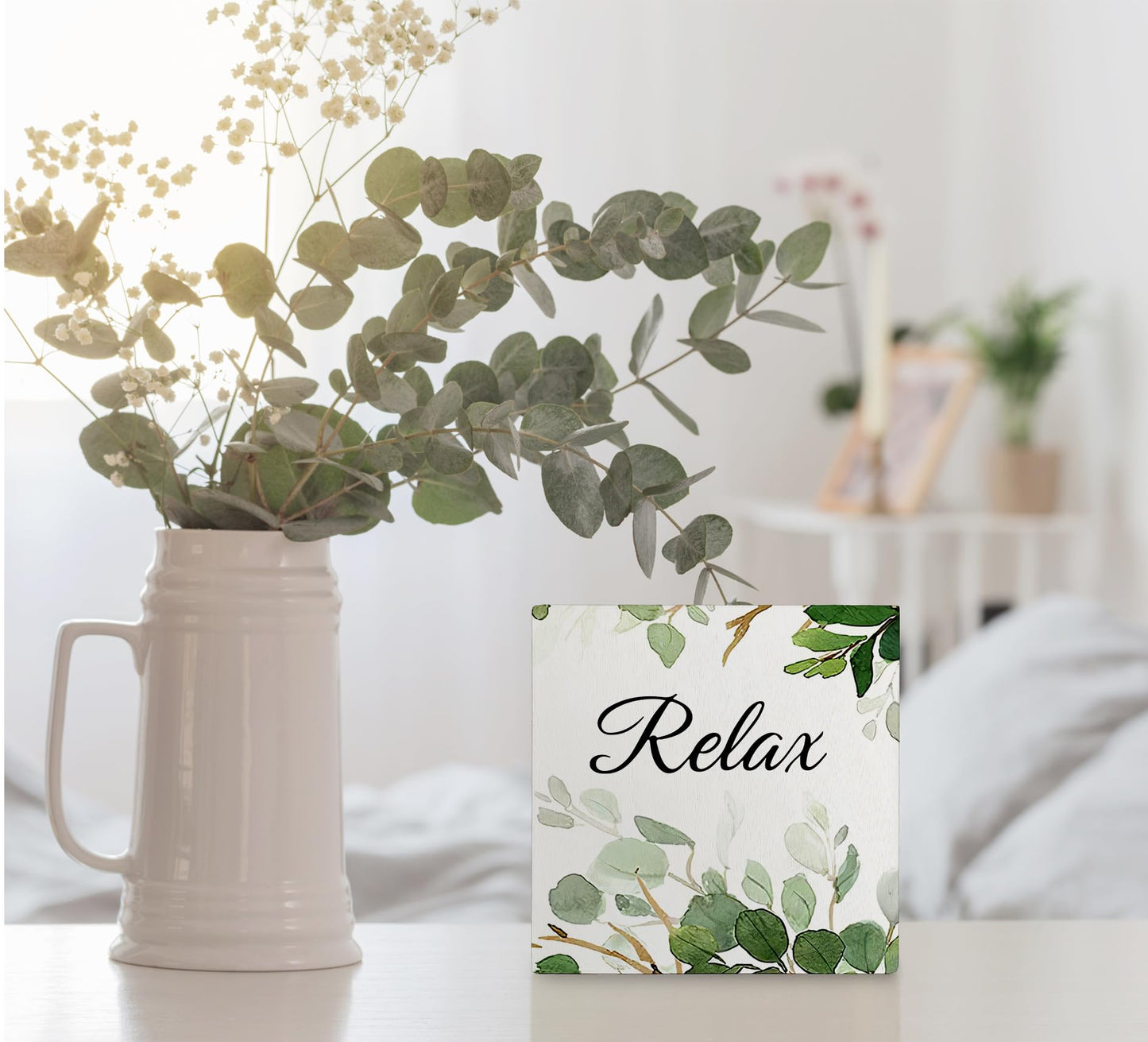 Kunlisa Relax Sage Green Wooden Box Sign, 5x5x1.18 inches, Modern Classic, Flower Theme, Tabletop, Decorative Sign for Bathroom, Workspace