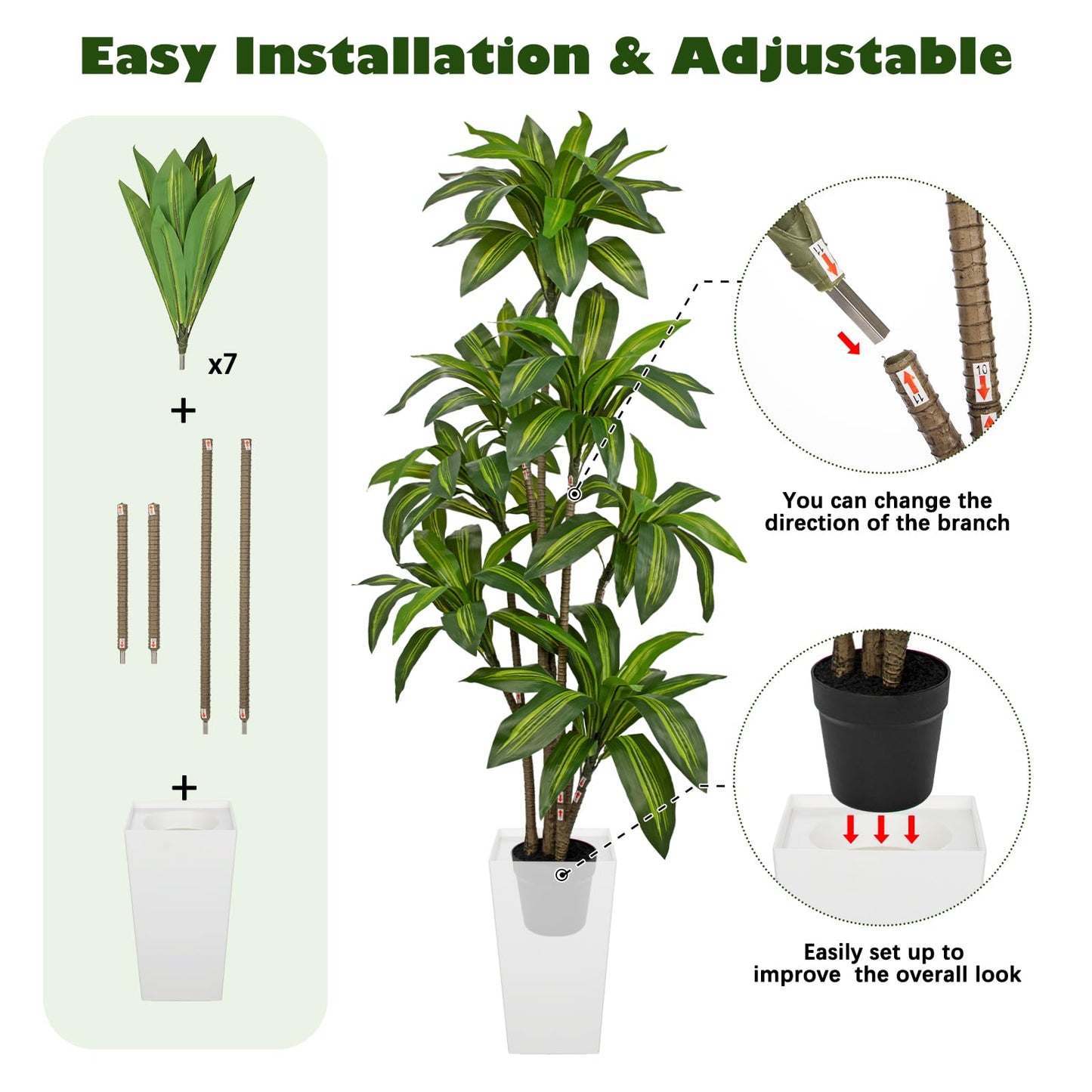 Arborus 6FT Tall Artificial Dracaena Tree, Lifelike Faux Indoor Fake Floor Plant with White Pot, Faux Tree for Home Office Living Room Entryway Décor