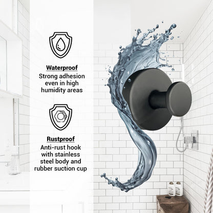 Welsa Suction Cup Hooks for Shower - 2 Pack, Matte Black - Stainless Steel, Strong Suction, No Drill, Removable Hanger, Tile Bathroom Kitchen Wall, Glass Door, Mirror Hook Hanging Robe, Towel Holder