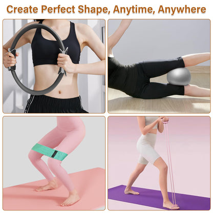 NEBORASTEP Home Pilates Kit, 15-Inch Pilates Ring with 2 Pilates Ball,2 massageballs,3 Resistance Bands for Toning Arms, Thighs/Legs & Core,1 Detachable Tension Strap