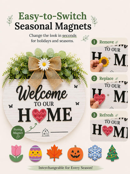 Interchangeable Welcome Sign for Front Door, Round Farmhouse Door Hanger with 12 Changeable Seasonal Magnets, Welcome to Our Home Porch Decor, Rustic Wood Look Wall Sign for Entryway and Housewarming Gift