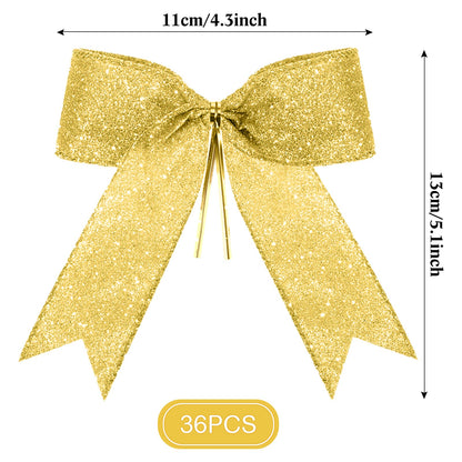 Sumind 36 Pieces Gold Christmas Tree Glitter Bows, 5 x 4 Inch Tie Ribbon Twist Tie Bows for Treat Bags Gift Wrapping Basket Wedding Birthday Valentine Christmas Tree Wreath Garland Decoration