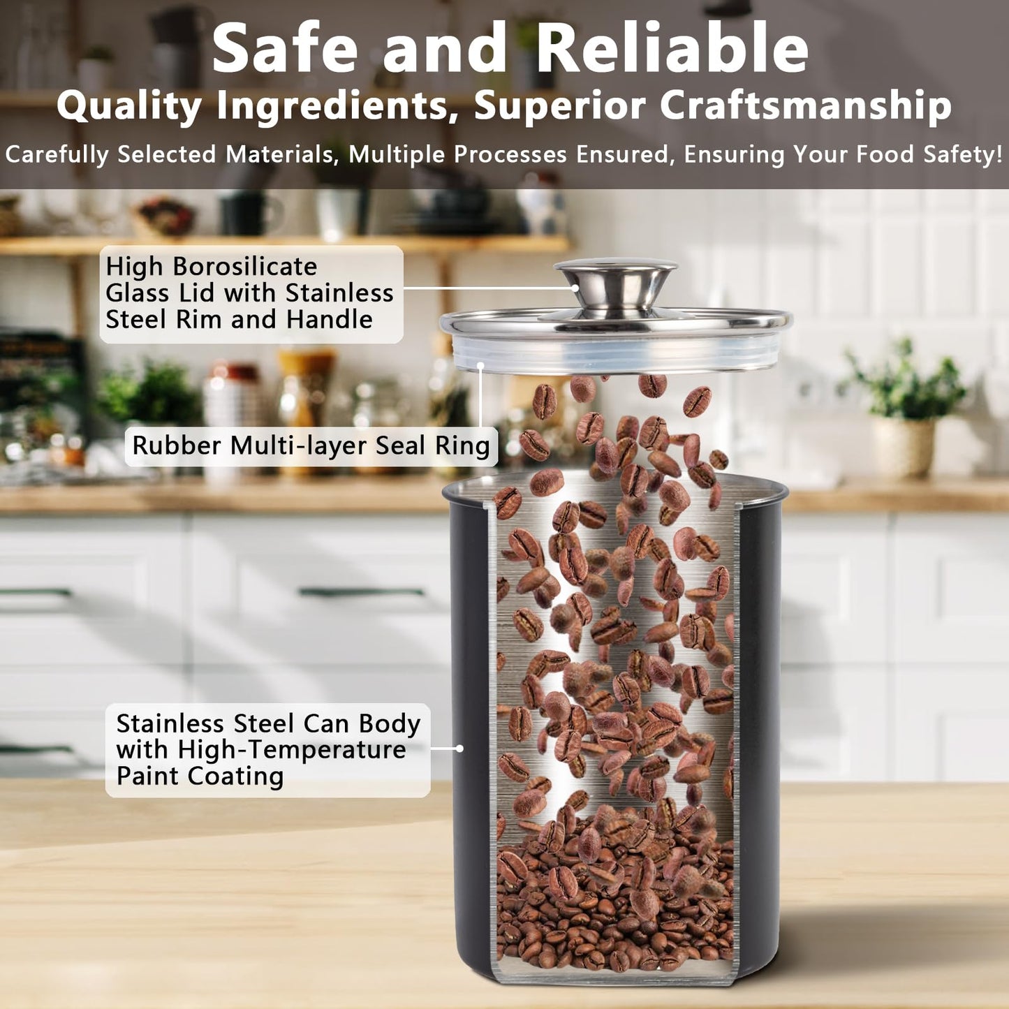malmo Stainless Steel Food Canister Set of 4-Piece, 16/49/85/132 Ounces,Airtight Containers with Glass Lid for Tea,Coffee,Sugar,Flour,Pantry Kitchen Storage Storeroom Counter (Black)