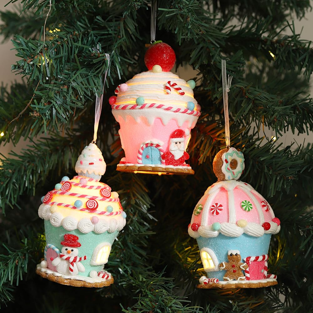 Christmas Pastel Gingerbread House Ornaments Decorations,3pcs Soft Clay Pastel Pink Blue Green Small Candy House With Light Christmas Ornaments for Christmas Tree Hanging Pendants Xmas Tree Decoration