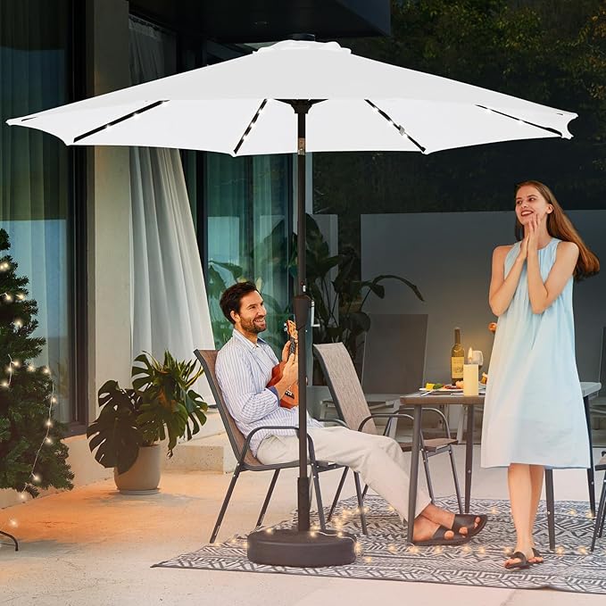 JEAREY 9FT Outdoor Patio Umbrella with Solar Lights, LED Lighted Pool Umbrella with Tilt and Crank, Outdoor Table Umbrellas for Deck, Yard & Market (Cream White)