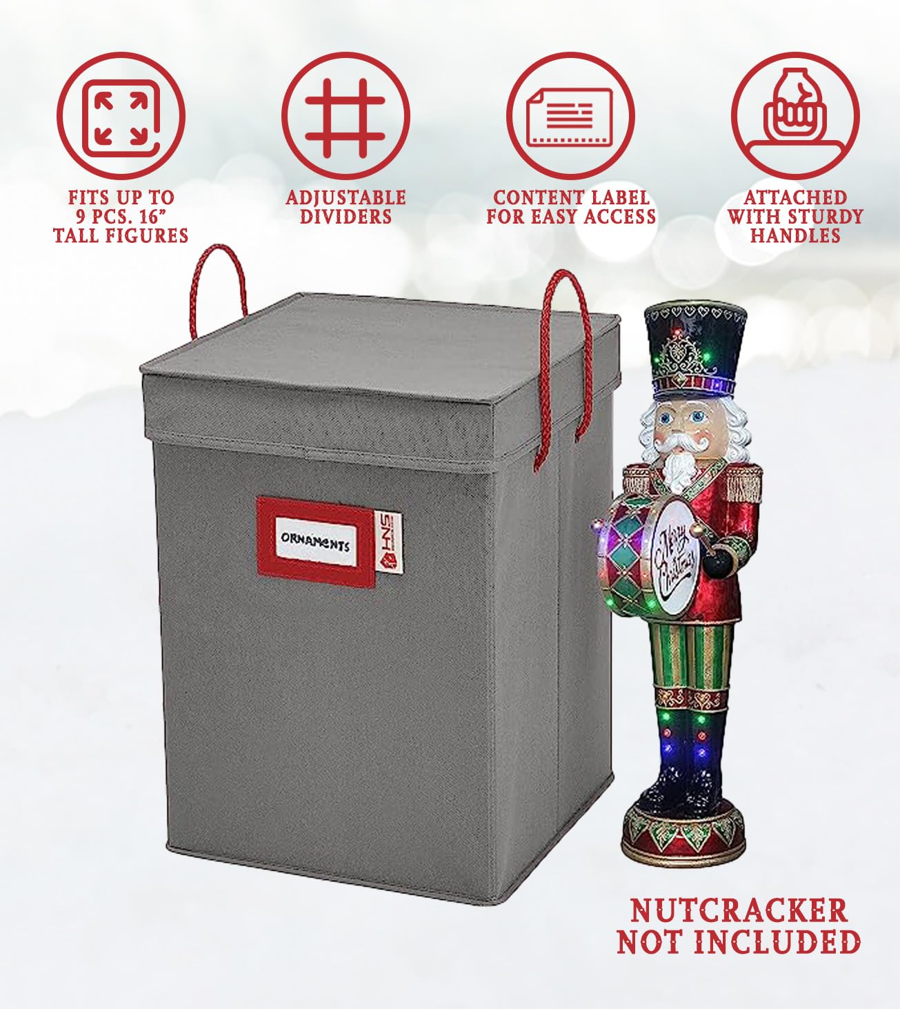 Christmas Nutcracker and Figurine Collectible Storage Box - Stores Up to 9-16" Tall Nutcrackers, Ornaments, and More - Holiday Decor Organizer with Adjustable Dividers - Nutcracker NOT Included
