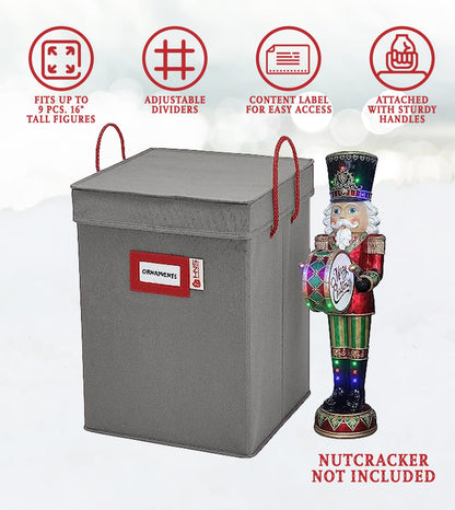 Christmas Nutcracker and Figurine Collectible Storage Box - Stores Up to 9-16" Tall Nutcrackers, Ornaments, and More - Holiday Decor Organizer with Adjustable Dividers - Nutcracker NOT Included