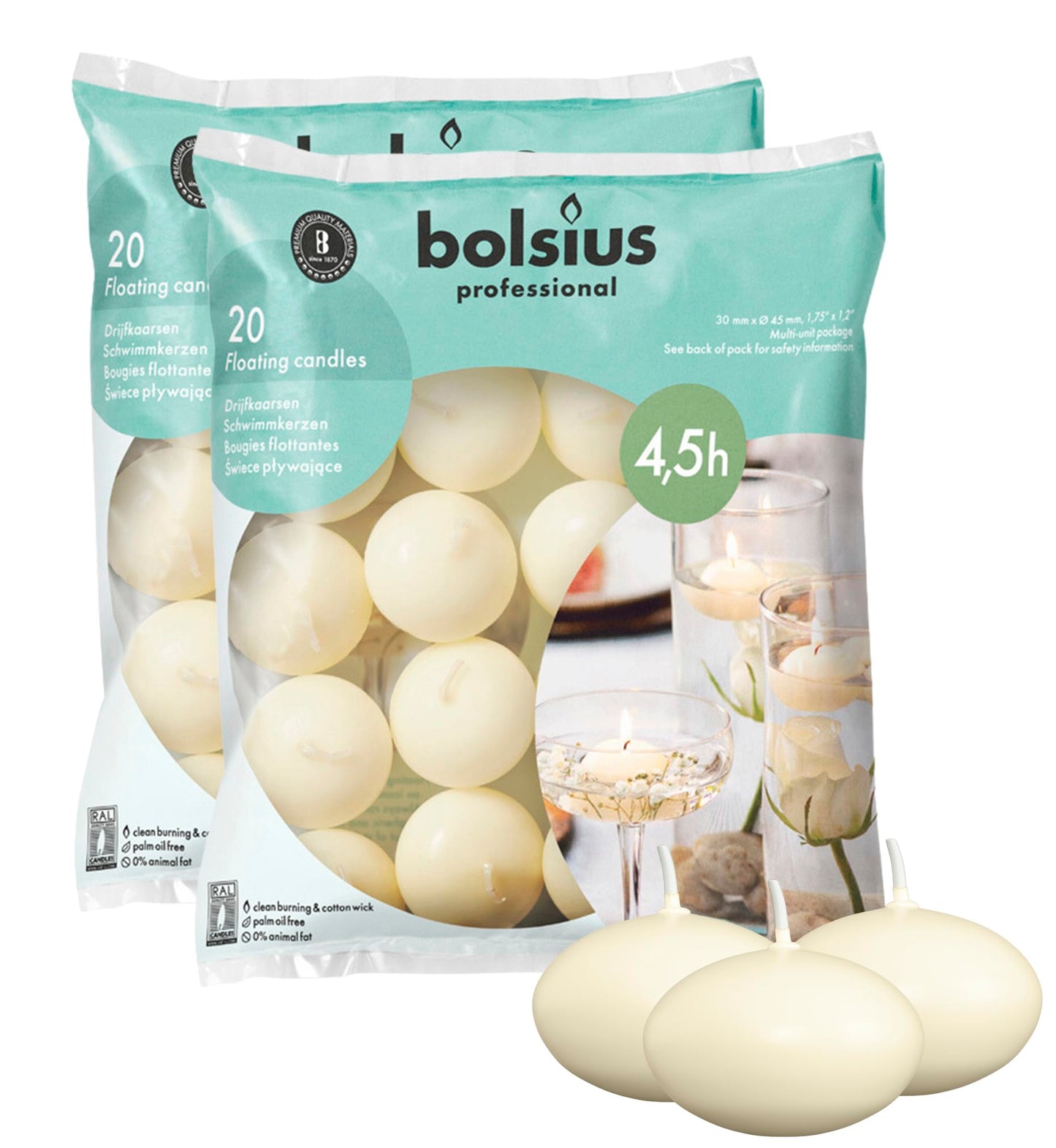 BOLSIUS Unscented 1.75" Floating Candles - Pure Rich Creamy Ivory, 40 Set - Smokeless, European Quality - Imbue Breathtaking Ambiance for Romantic Wedding Centerpieces, Decorations, Holiday Parties