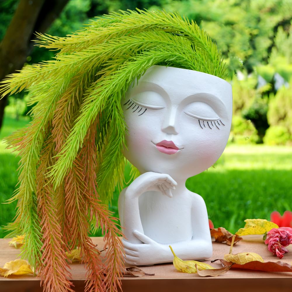 Thinking Face Planter, Funny Plant Pots, Cute Head Flower Pot with Drainage for Indoor Outdoor Succulent/Herb, Unique Minimalist White Vase, Garden Home Office Desk Shelf Art Decor, Women Gift 7"