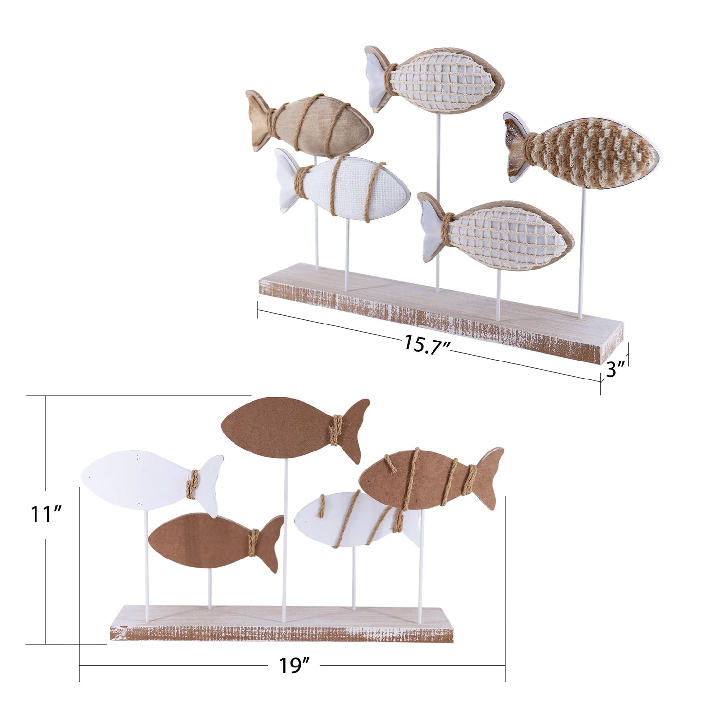 NAUTIMALL Wooden Fish Figurines with Jute Rope and Cotton String, Fish Sculpture Statues for Home Decoration, Table Top Nautical Decor for Living Room, Bedroom, Beachhouse Home Decor (JuteFish-5)