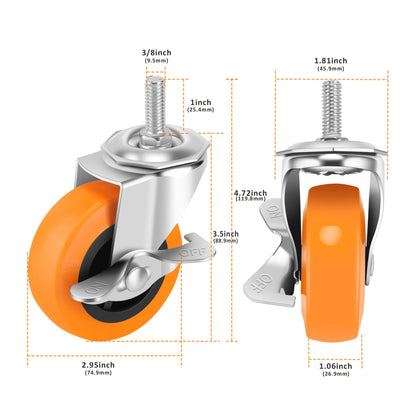 Caster Wheels, 3 Inch Casters Set of 4, Threaded Stem 3/8"-16 x 1 (Screw Diameter 3/8", Length 1") Polyurethane Locking Swivel Castors,Heavy Duty Caster with Brake Wheels for Furniture and Workbench