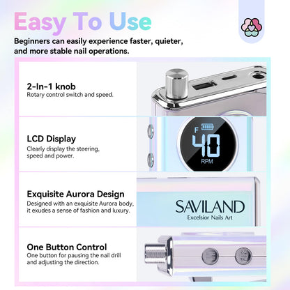 SAVILAND Advance Nail Drill for Acrylic Nails Professional: 40000RPM Nail Drill 6000mAhm High Capacity 2025 Rechargeable Electric Nail File 13 Drill Bits for Nails Manicure Pedicure E File Sky Realm