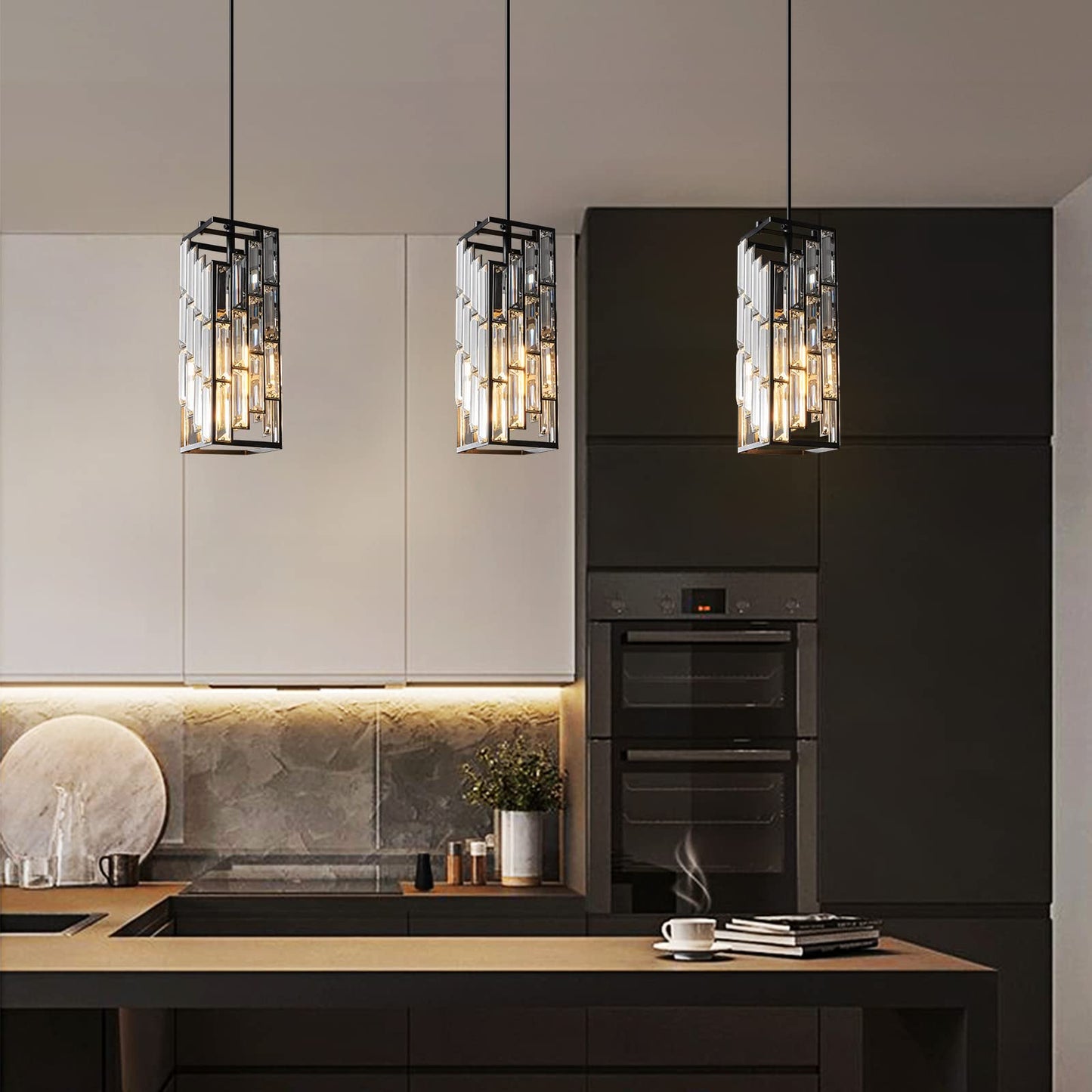 FDPBY Black Pendant Lighting Modern Pendant Light, Mini Crystal Chandeliers,Adjustable Pendant Light Fixture for Kitchen Island Dinning Room Bedroom (2 Pack)