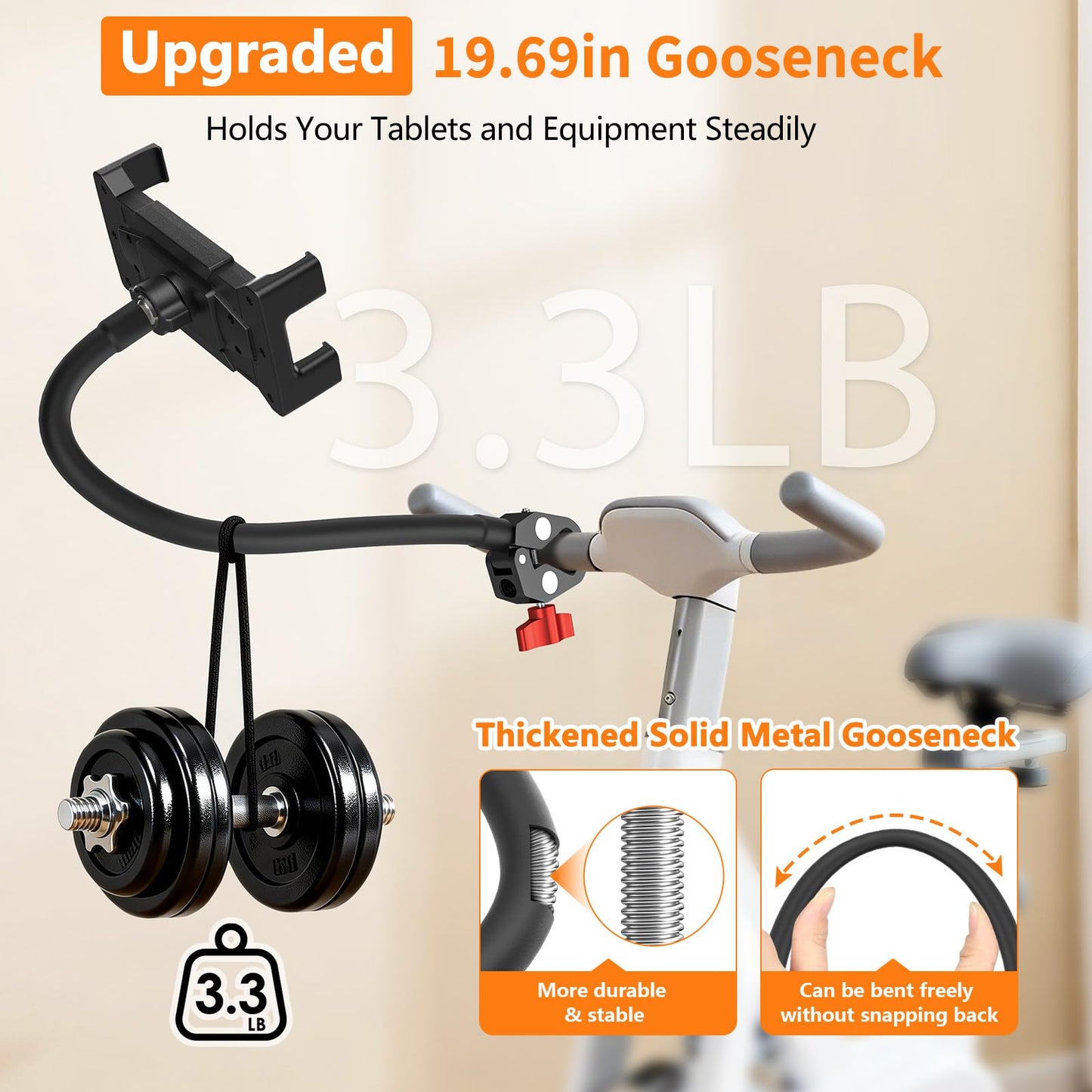 Gooseneck Tablet Holder, 19.69" Metal Crab Clamp iPad/iPhone Mount for Stroller/Treadmill/Golf Cart/Boat/Mic Stand/Gym Bicycle Handlebar Clamp/Desk, Compatible with 4-13" iPad Pro/Air/Mini/E-book