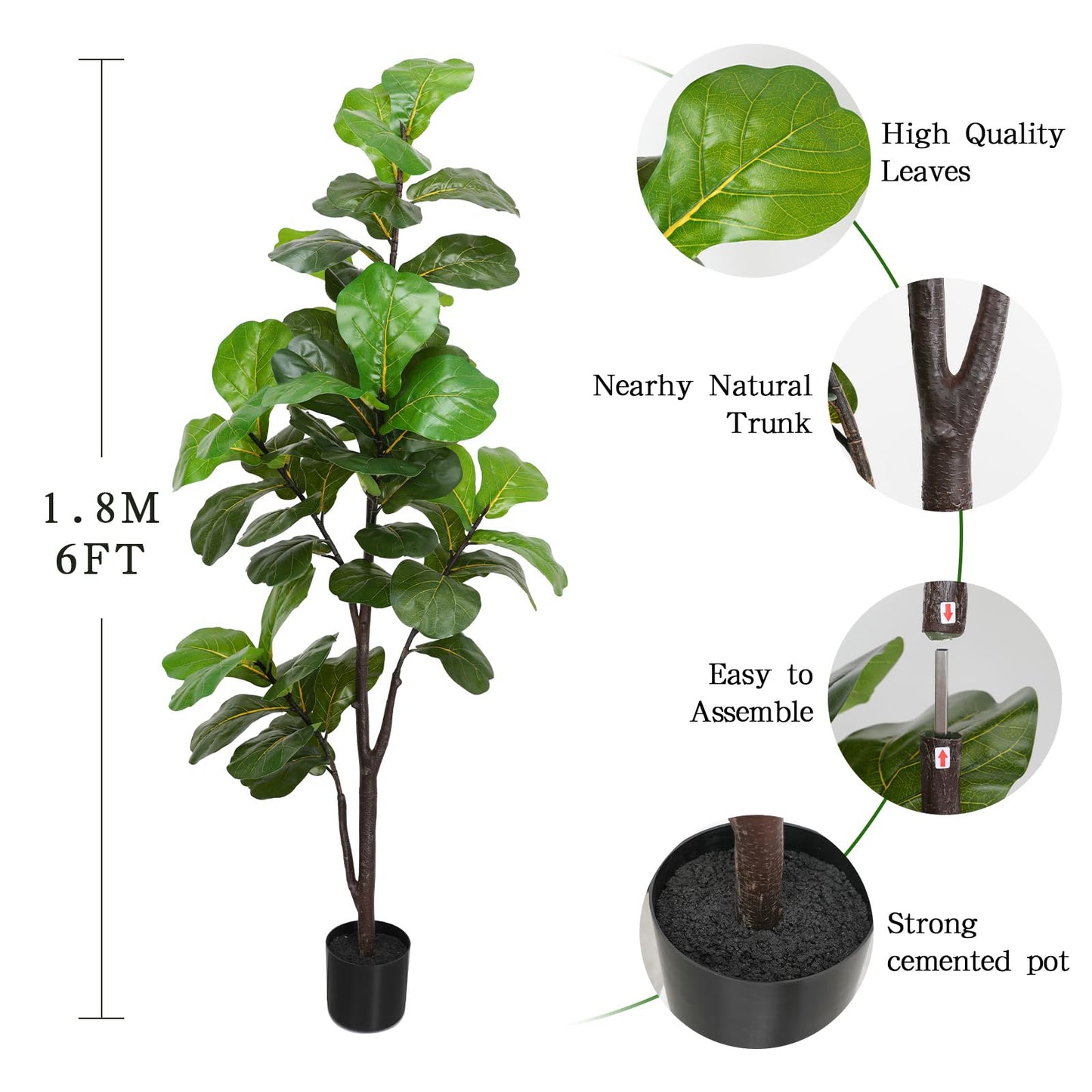 LUWENER 6ft Artificial Fiddle Leaf Fig Tree Plant,Fake Ficus Lyrata in Pot,Ficus Faux Plant Artificial Trees for Office Indoor Outdoor Garden Living Room Home Decor 1PCS-71in