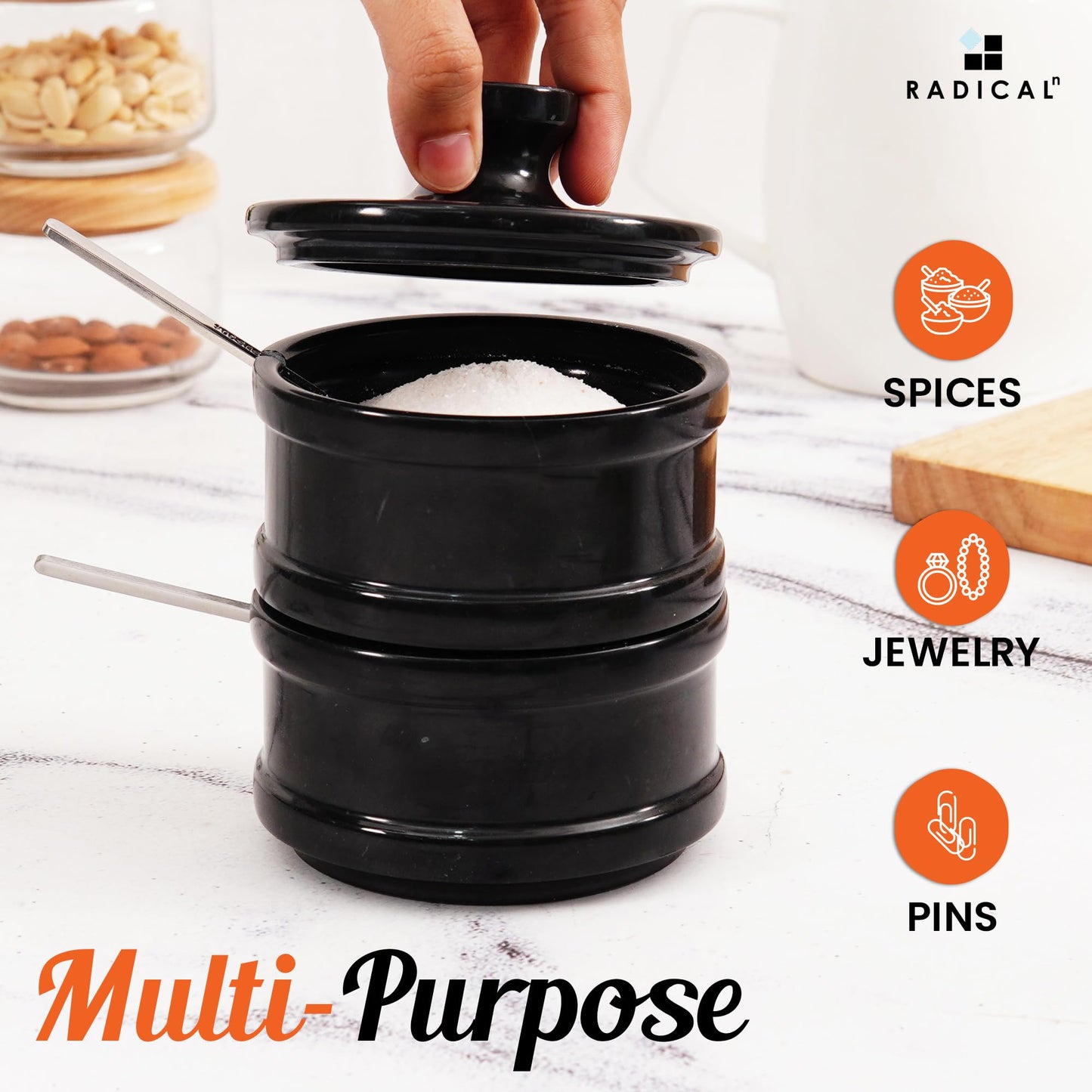 Radicaln Handmade Marble Black 5.5” Dual Salt Cellar With Lid – 2.3” Each Salt and Pepper Bowls Kitchen Container Storage Set – Ideal for Jewelry, Butter Keeper, Sugar & kitchen Décor