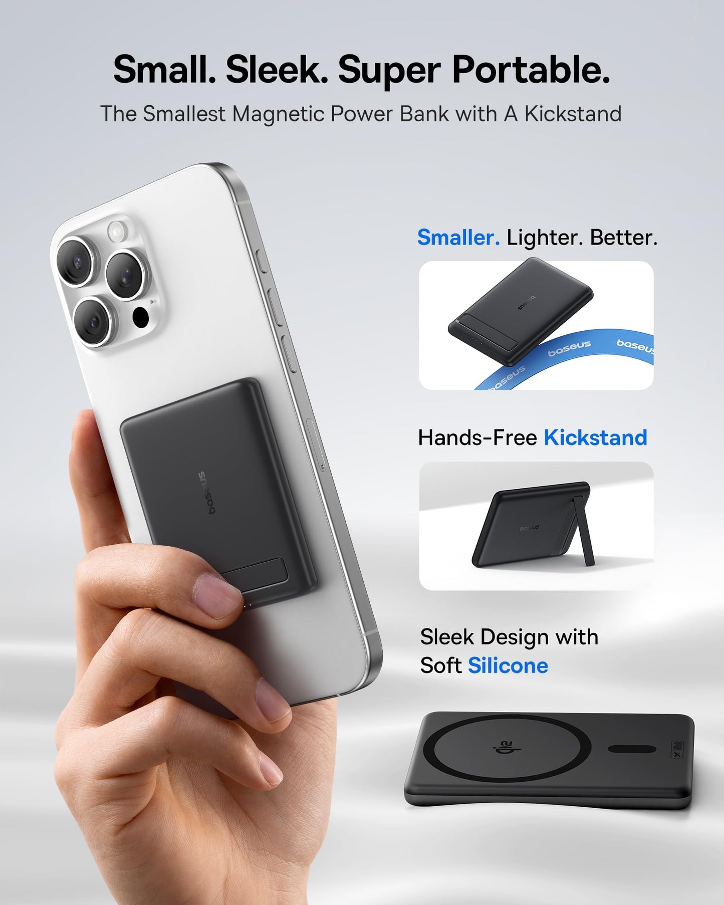 Baseus Picogo Power Bank, Smallest 5000mAh Magnetic Portable Charger with Stand, Qi2 Certified 15W Ultra-Mini MagSafe Battery Pack, Alloy Wireless Travel Fast Charger for iPhone 17/16 Series(Grey)