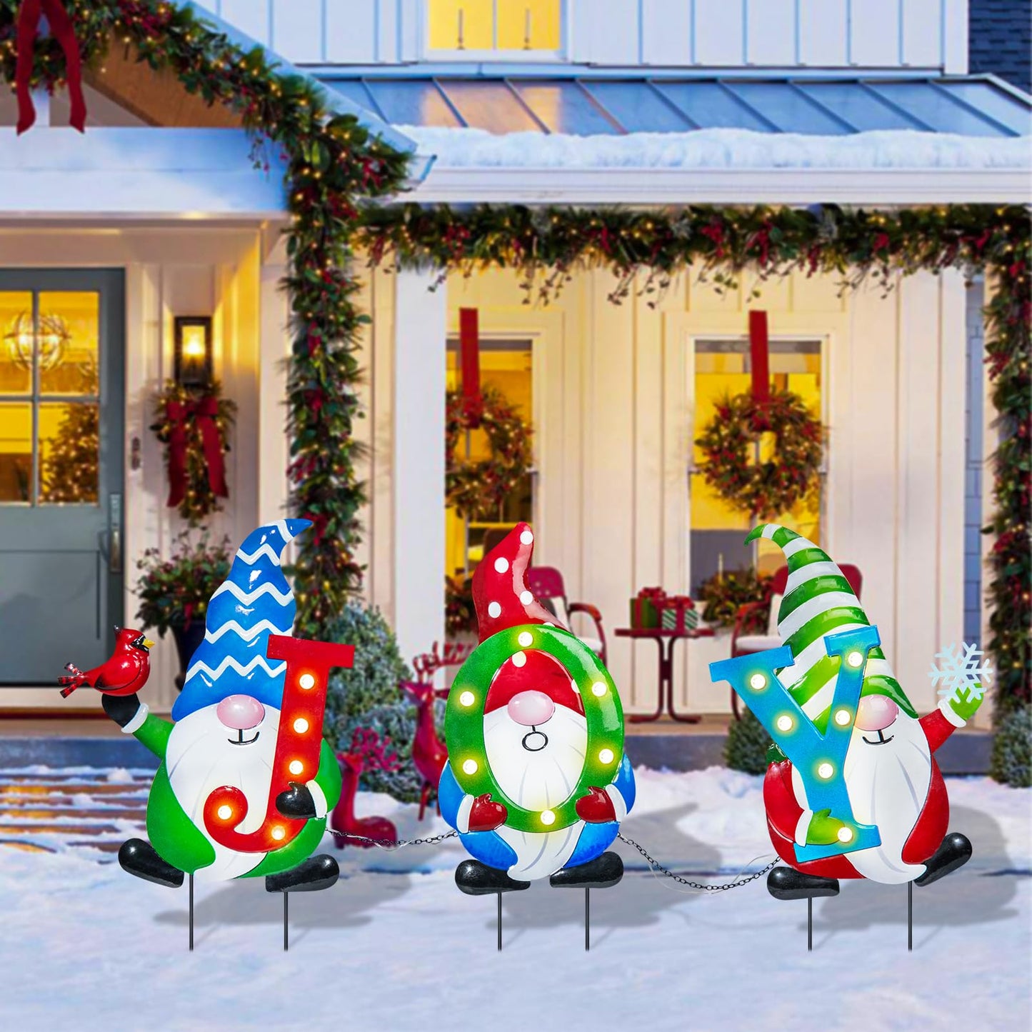 Afirst Christmas Yard Stakes Metal Christmas Outdoor Yard Decoration Gnomes Holding Joy Lighted Metal Stakes Outdoor Xmas Stake Lawn Pathway Garden Decoration