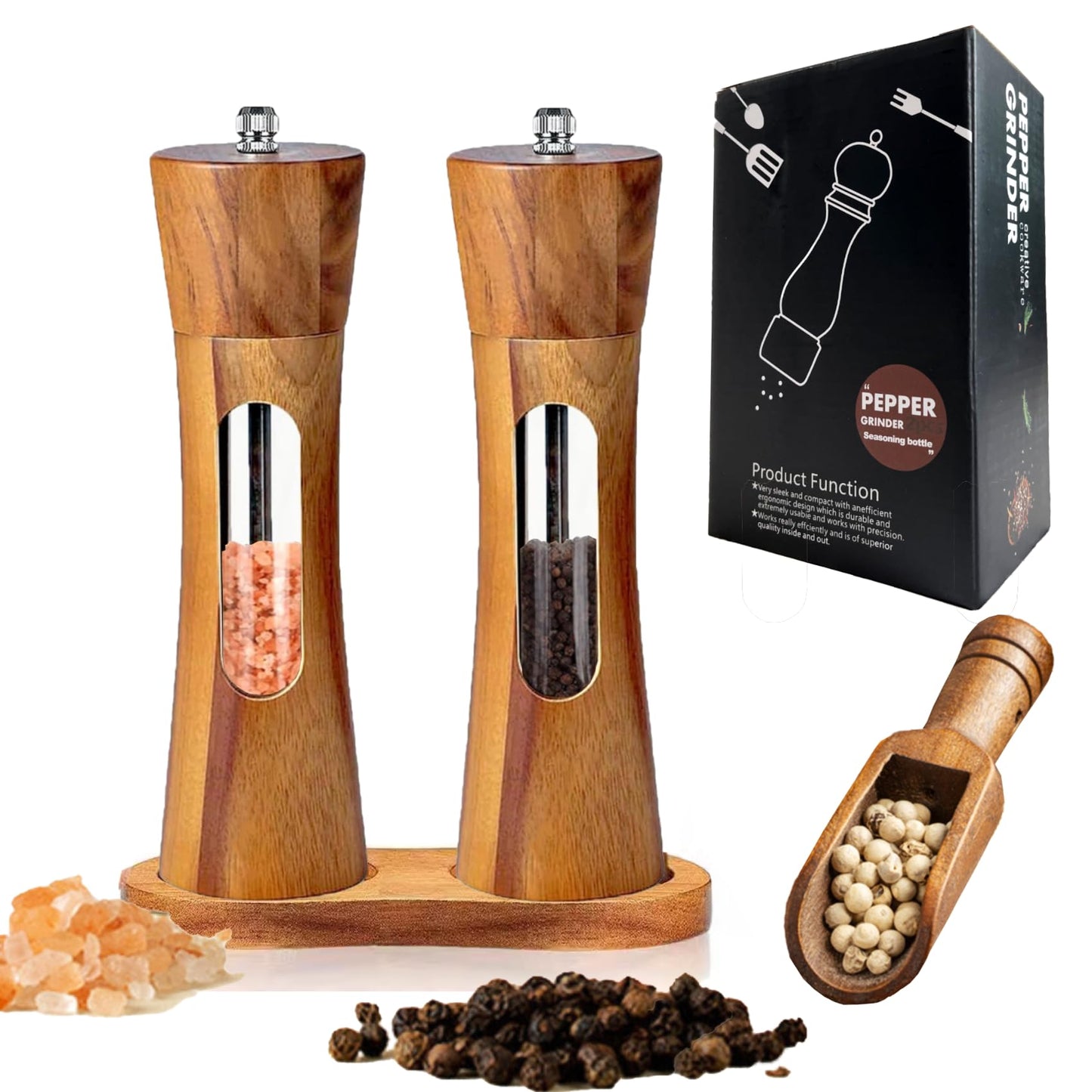 GCFTIFF Acrylic Wooden Salt and Pepper Grinder Set, Solid Acacia Wood Shakers with Adjustable Ceramic Steel Core,Manual Pepper Mill with Wooden Stand & Spoon(2pcs,8 inches)